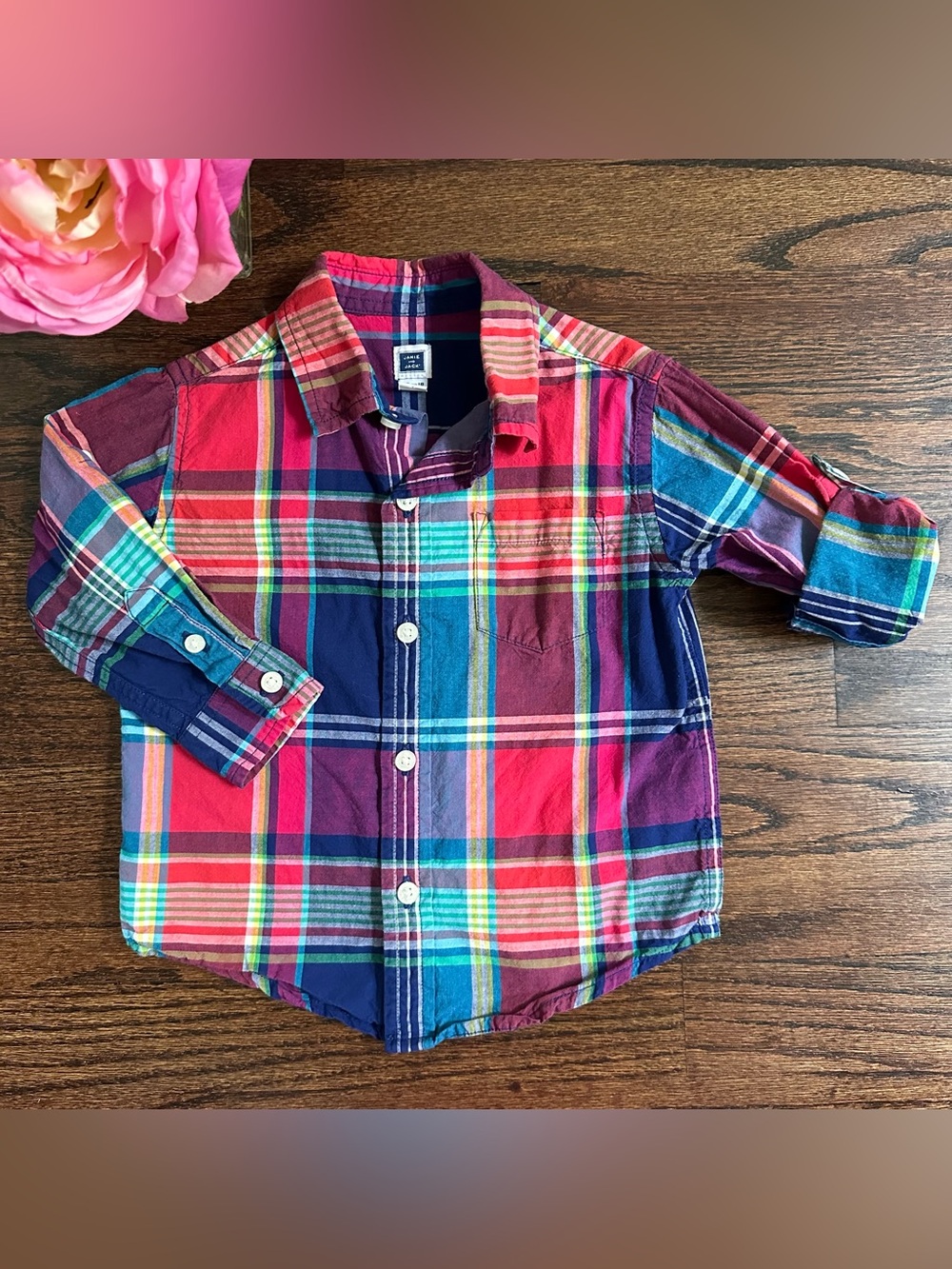 Janie and Jack brightly colored plaid shirt, size 12-18mo